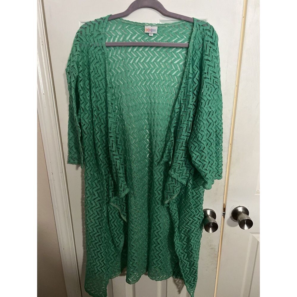 LuLaRoe Women's Kimono Cover Up Large Green Lace Open Front Short Sleeves